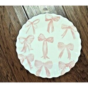 Pink Ribbon Bows on White Salad Fluted Edge Plates 8.5" Ceramic Set of 4 NEW
